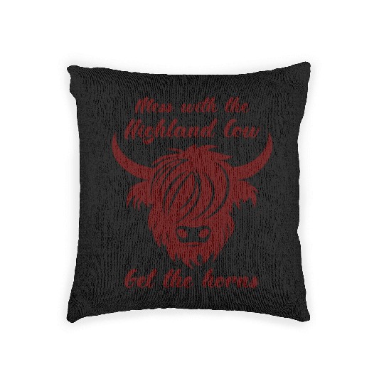 Mess With The Highland Cow Get The Horns Woven Pillows