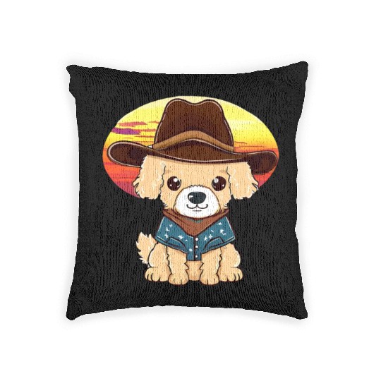 Cowboy dog at sunset Woven Pillows