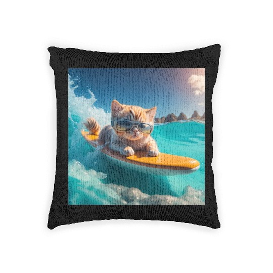 A cute cat surfing in the blue water Woven Pillows