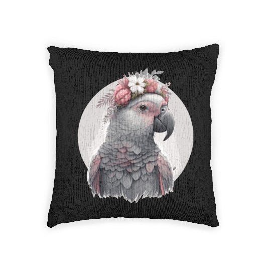 Cute Watercolor African Gray Parrot Bird Flower Cr Woven Pillows