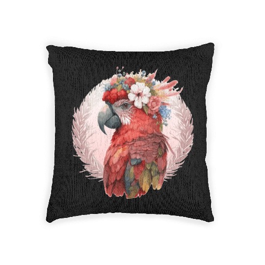 Red Scarlet Macaw Flower Crown Parrot Watercolor B Woven Pillows