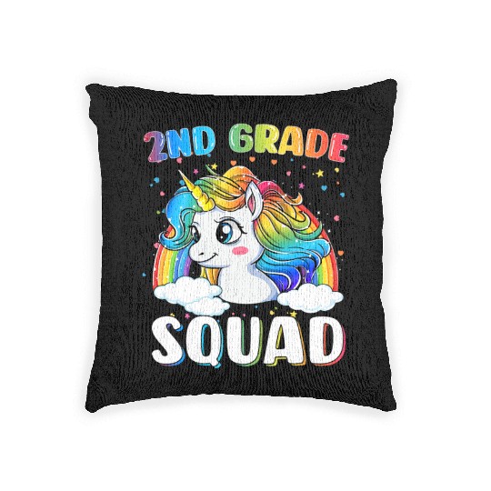 2nd Grade Squad Unicorn Rainbow Back Woven Pillows