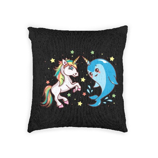 Cute Funny Horned Narwhal And Unicorn Friends Woven Pillows