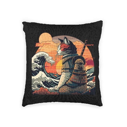 Retro samurai cat The Great Wave Hokusai Woven Pillows