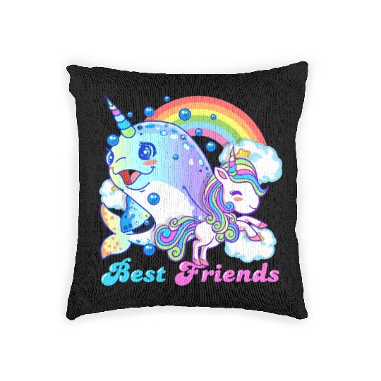 Cute Horned Narwhal And Unicorn Best Friends Woven Pillows
