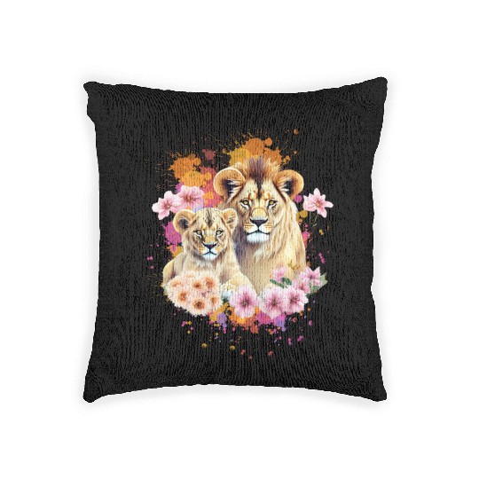 Lion Mom & Son Cubs with Flower Watercolor Woven Pillows
