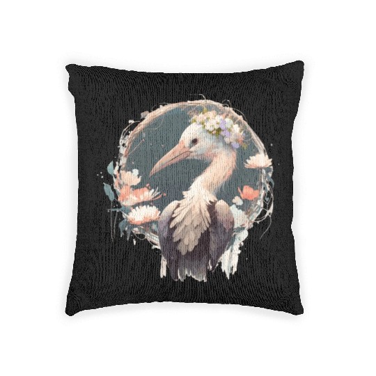 Cute Stork Bird Flower Crown Floral Birds Woven Pillows