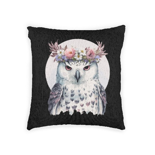 White Snow Owl Bird Flower Crown Floral Birds Woven Pillows