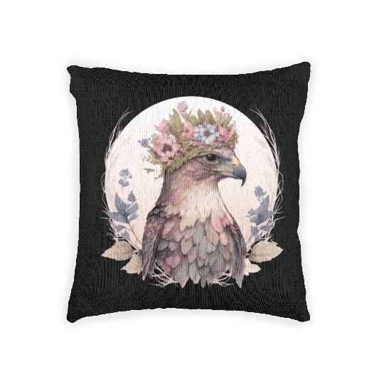 Cute Hawk Bird Of Prey Flower Crown Floral Bird Wa Woven Pillows