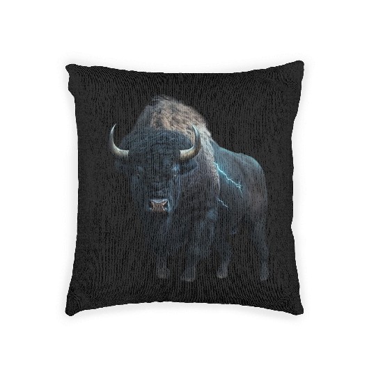 Majestic bison black with lightning bolts buffalo Woven Pillows