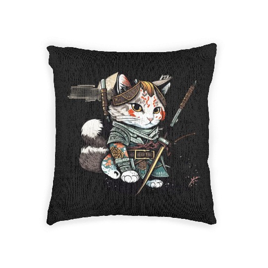 The Fearless Samurai Cat: A Sword's Master Woven Pillows
