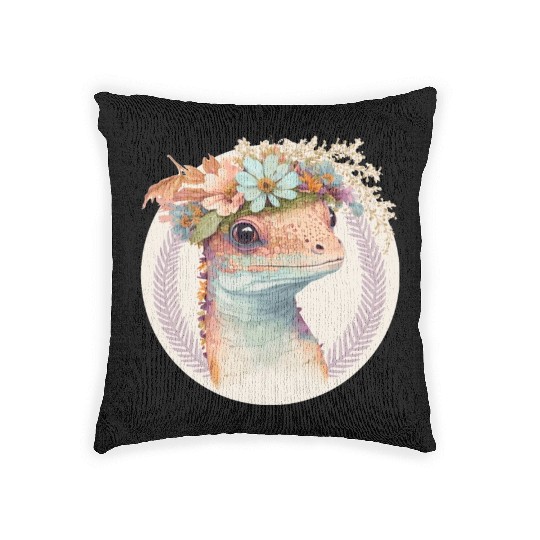 Cute Watercolor Gecko Reptile Flower Crown Boho Ae Woven Pillows