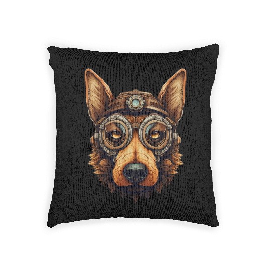 Steampunk German Shepherd Dog in Clockwork Woven Pillows