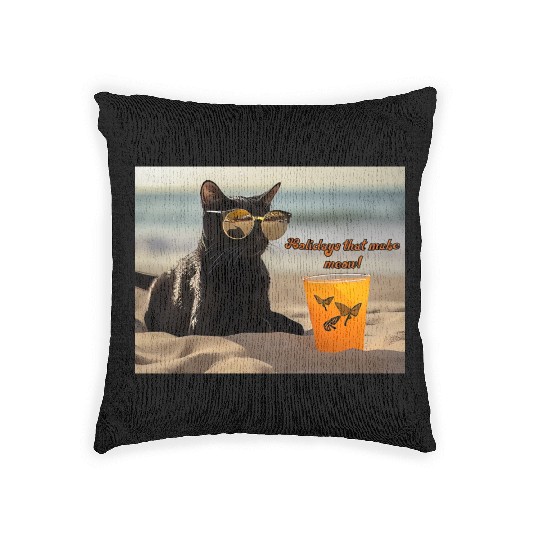 beach, kitten and drink. Holidays that make meow Woven Pillows