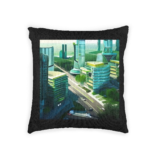 Green Horizon: A Vision of Sustainable Cityscape Woven Pillows