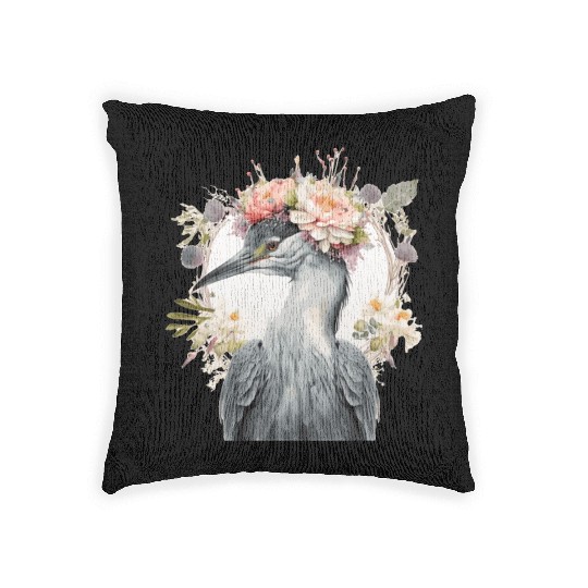 Watercolor Heron Freshwater Bird Flower Crown Flor Woven Pillows