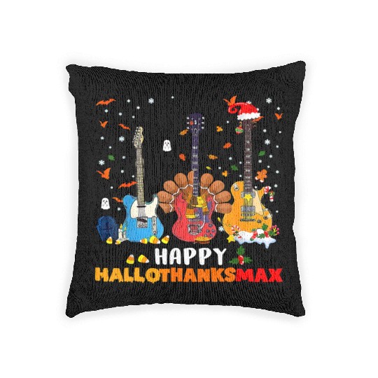 Guitar Happy Hallothanksmas Halloween Thanksgiving Woven Pillows