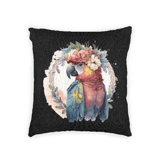 Watercolor Parrot Macaw Bird Flower Crown Pet Bird Woven Pillows