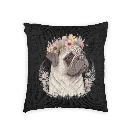 Cute Pug Flower Crown Pet Dog Breed Floral Puppy Woven Pillows