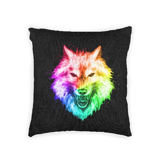 Bright Colorful Wolf Head – Rainbow Howling Wolf F Woven Pillows