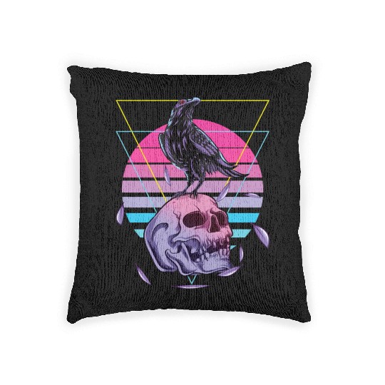 Vaporwave Skull And Crow Aesthetic Pastel Goth Woven Pillows
