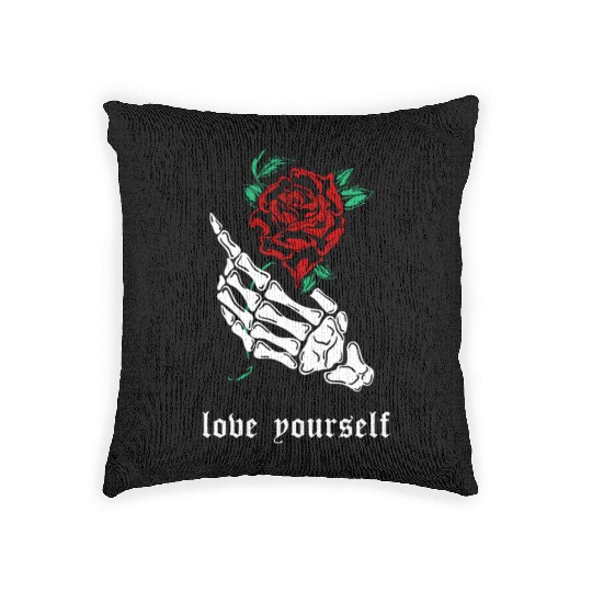 Love Yourself Skeleton Hand Rose Aesthetic Goth Gr Woven Pillows