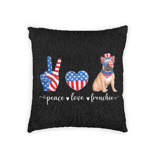 Peace Love Frenchie Patriotic US Flag 4th July Woven Pillows