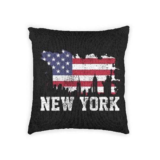 New York City Nyc Skyline Usa Flag America Woven Pillows