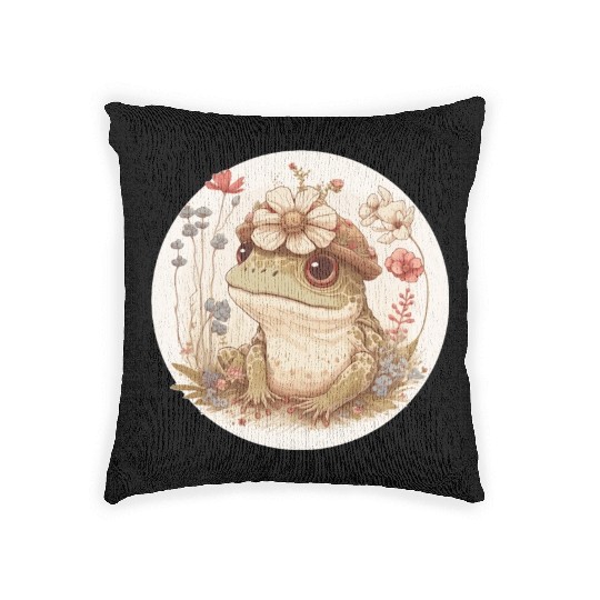 Cottagecore Cute Frog Toad Flower Crown Dark Acade Woven Pillows