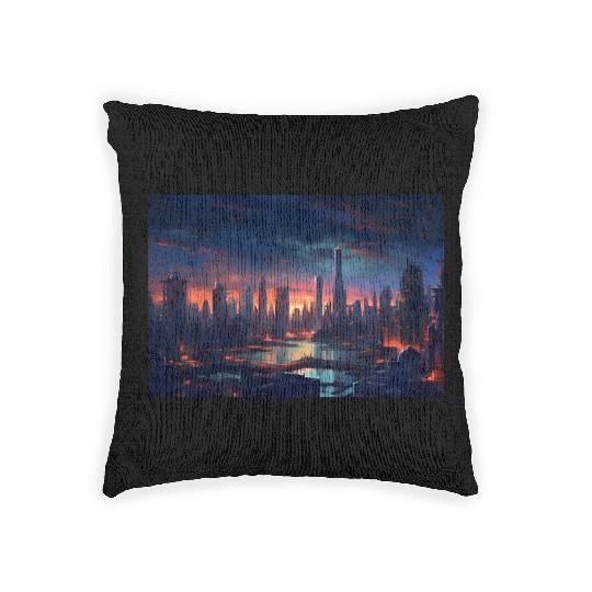 Chicago Post Apocalyptic Hues Cyberpunk Neon Woven Pillows