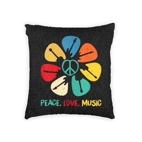 Peace Love Music Guitar Flower Rock And Roll Woven Pillows