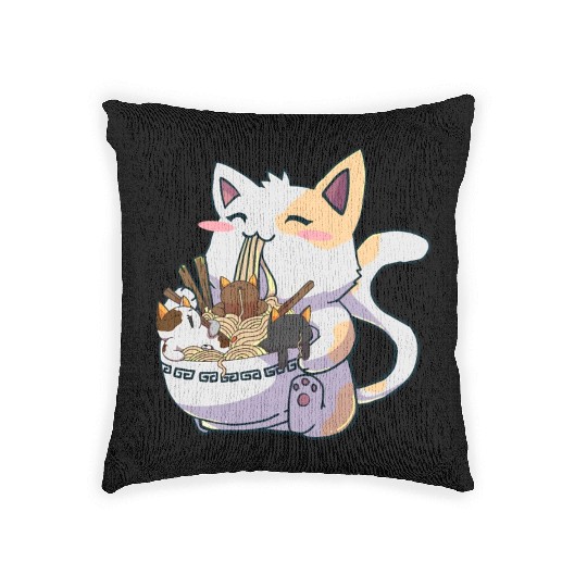Kawaii Neko Cat Ramen Bowl Anime Japanese Noodles Woven Pillows