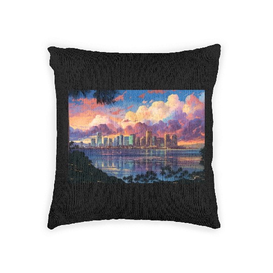 Anime Honolulu A Vibrant Anime Inspired Skyline Woven Pillows