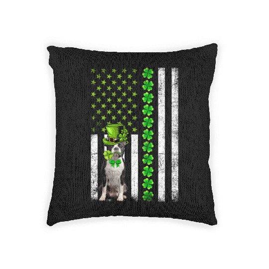 American Flag Boston Terrier Dog St Patric Day Woven Pillows