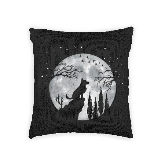 German Shepherd Dog Full Moon At Night German Woven Pillows