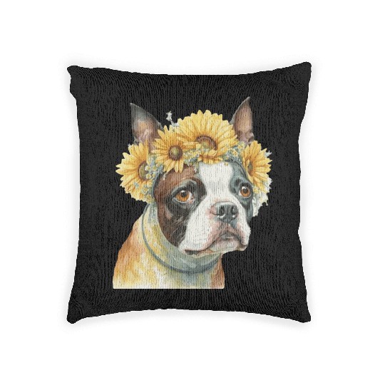 Cute Boston Terrier Sunflower Dog Breed Pet Puppy Woven Pillows