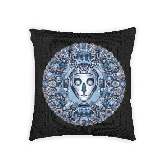 Aztec robot face and mechanical mandala Woven Pillows