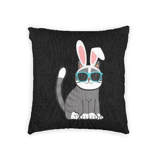 Happy Easter Cat With Bunny Ears And Glasses Cat Woven Pillows