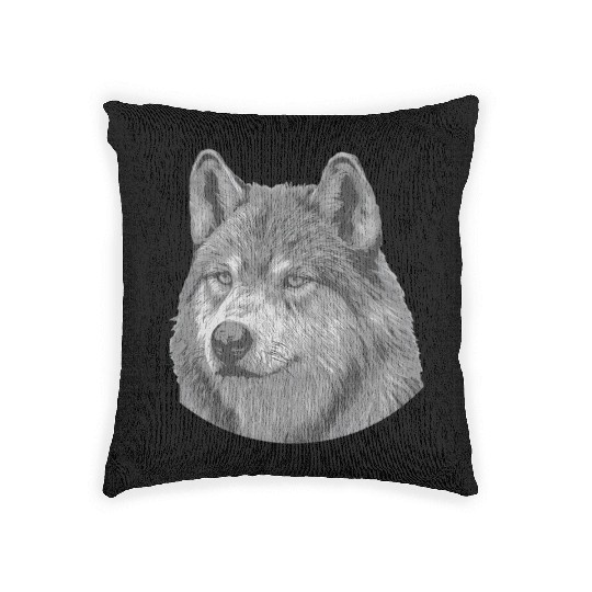 Realistic Black And White Male Wolf Portrait Wolf Woven Pillows