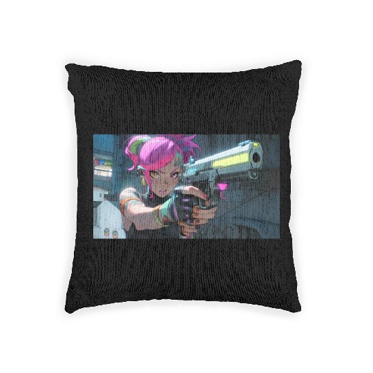 Cyber Sakura: Neon Guardian Woven Pillows