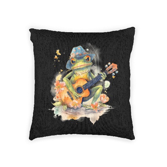 Cottagecore Aesthetic Frog Playing Banjo Guitar Woven Pillows