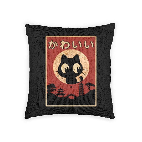 Vintage Kawaii Cat Japanese Black Anime Woven Pillows