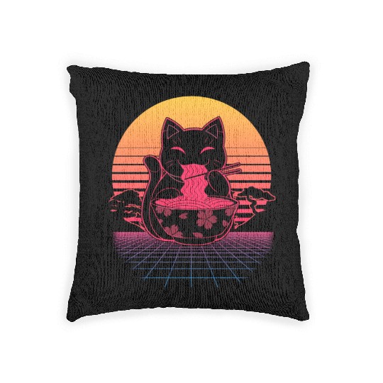 Kawaii Ra Neko Retro Cat Japanese Noodle Anime Woven Pillows