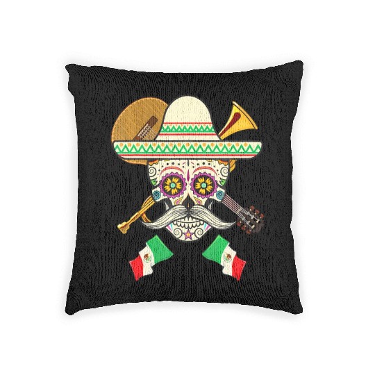 Sugar Skull Guitar & Sombrero Mexican Fiesta Woven Pillows