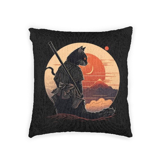Vintage Japanese Sunset Style And Samurai Cat Kitt Woven Pillows