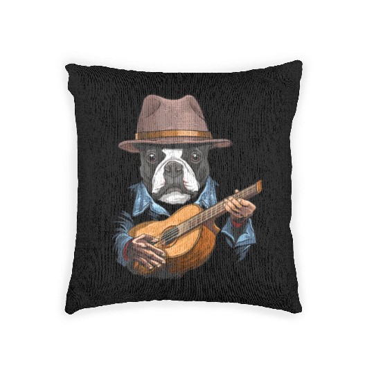 Boston Terrier Playing Guitar Pet Dog Lover Woven Pillows