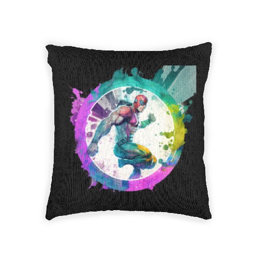 A Pop Art watercolour cyberpunk superhero swimming Woven Pillows