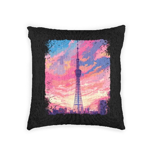 Vaporwave Aesthetic Skytree Tokyo Japanese Sight Woven Pillows