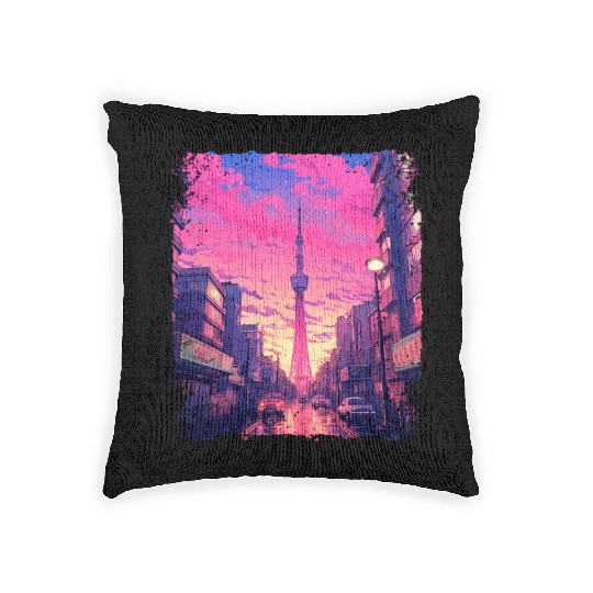 Skytree Tokyo Vaporwave Aesthetic Japanese Sight Woven Pillows