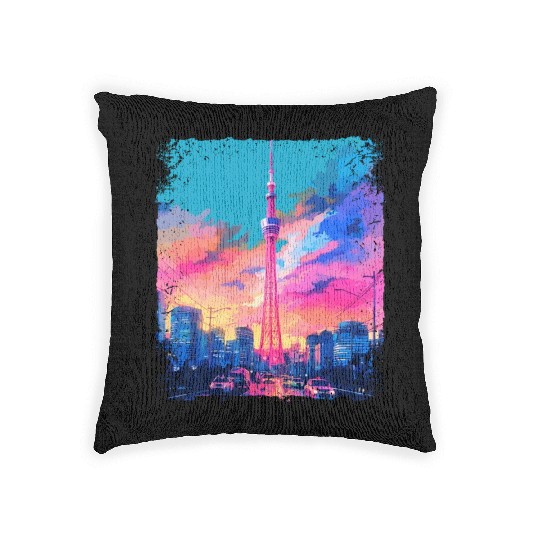 Aesthetic Japanese Skytree Tokyo Vaporwave Sight Woven Pillows